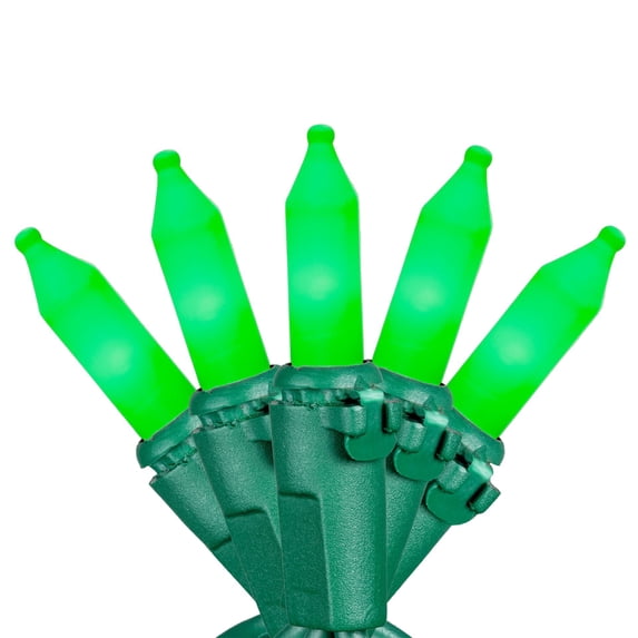 Novelty Lights RetroGlo® LED Mini Lights, 50 Ceramic Green Bulbs on Green Wire, 11ft with 2.5" Spacing, Incandescent Style Glow, 2700K Warm White Core
