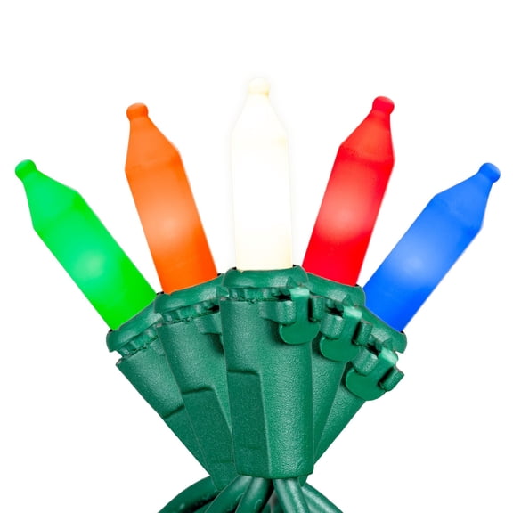 Novelty Lights RetroGlo® LED Mini Lights, 50 Ceramic Multicolor Bulbs on Green Wire, 11ft with 2.5" Spacing, Incandescent Look, 2700K Warm White Core