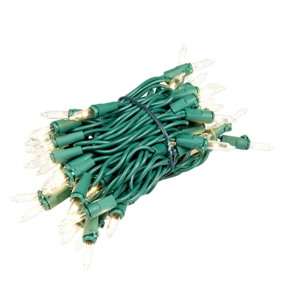 Novelty Lights RetroGlo® LED Mini Lights, 50 Clear Bulbs on Green Wire, 11ft with 2.5" Spacing, Incandescent Style Glow, 2700K Warm White Core