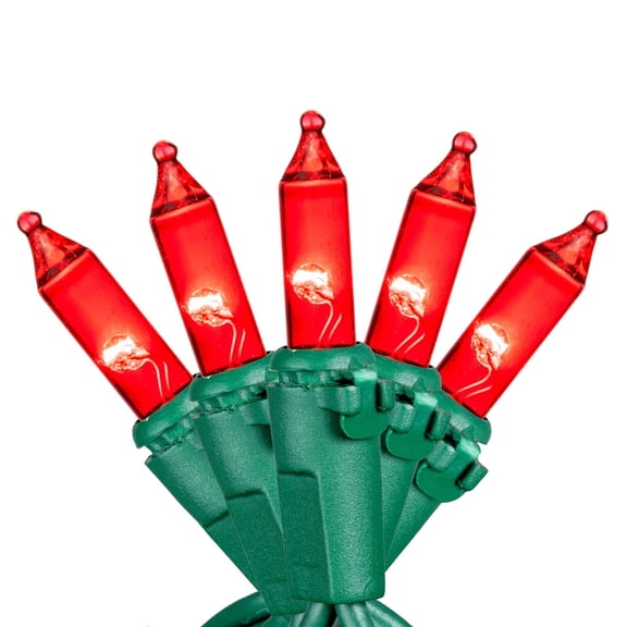 Novelty Lights RetroGlo® LED Mini Lights, 50 Red Bulbs on Green Wire, 11ft with 2.5" Spacing, Incandescent Style Glow, 2700K Warm White Core