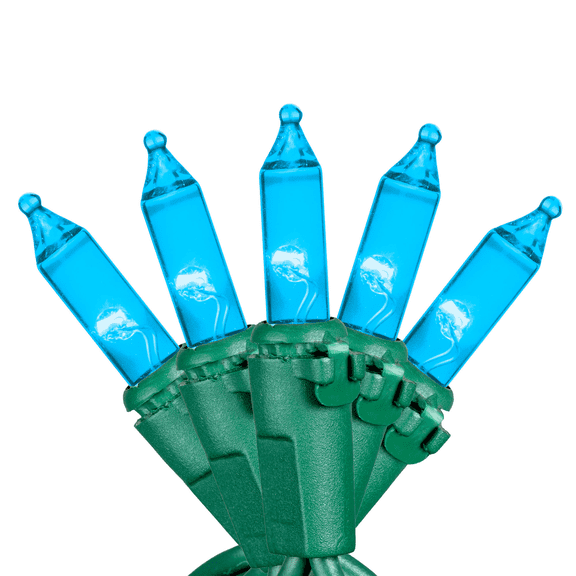 Novelty Lights RetroGlo® LED Mini Lights, 50 Teal Bulbs on Green Wire, 11ft with 2.5" Spacing, Incandescent Style Glow, 2700K Warm White Core