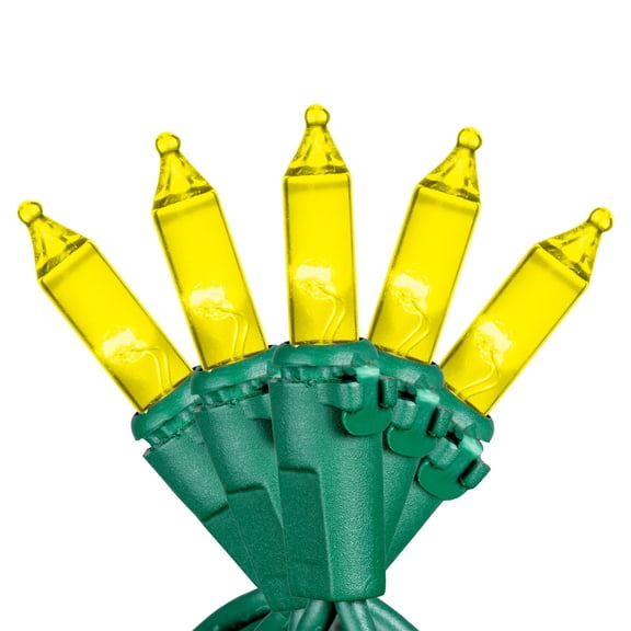Novelty Lights RetroGlo® LED Mini Lights, 50 Yellow Bulbs on Green Wire, 11ft with 2.5" Spacing, Incandescent Style Glow, 2700K Warm White Core