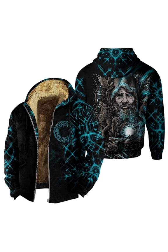 Novelty Long Sleeve Fleece Lined Hoodie Viking Zip Up Jackets Color Black Size XXL