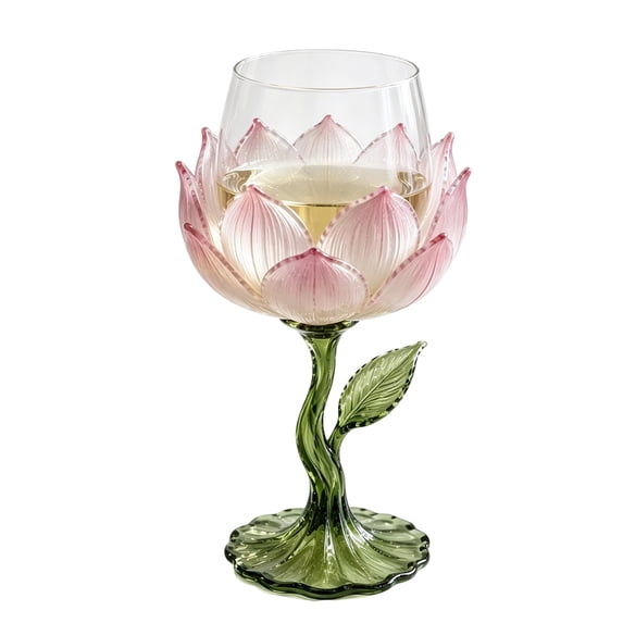 Novelty Lotus Floral Glass Goblet, Elegant Flower‑Shape Wine Cup with Leaf Stem, Multipurpose Glassware for Champagne Cocktail Juice Home Celebration