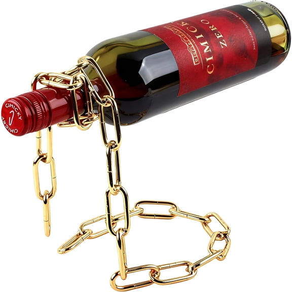 Novelty Magic Wine Bottle Holder Floating Steel Link Chain Wine Bottle Rack/Holder - Holds Bottles in The Air, Unique Levitating Wine Bottle Stand for Home Bar, Kitchen, or Party DecoGold