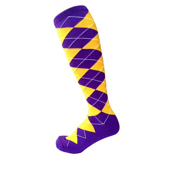Novelty Men's Argyle Knee High Golf Sport Dress Socks In Purple with Gold Yellow Color