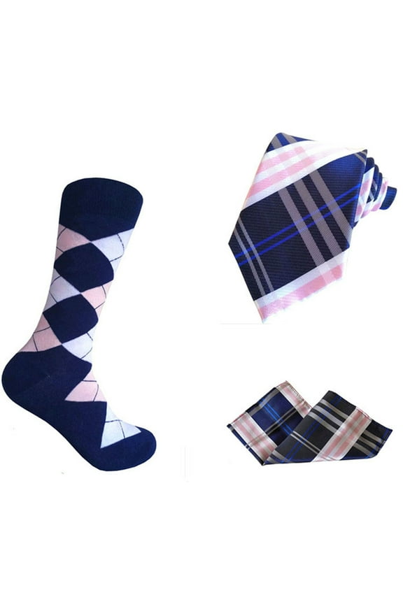 Novelty Men's Argyle Socks with Necktie and Pocket Square in Navy with Pink and White Color