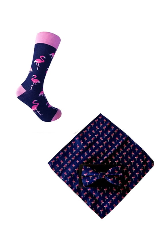 Novelty Men's Flamingo Pattern Socks with Bowtie and Pocket Square in Navy with Pink Color