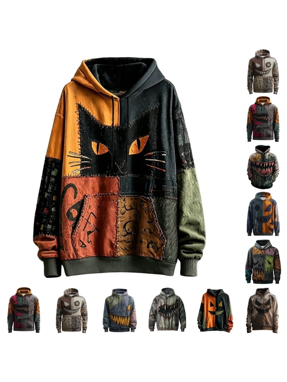 Novelty Mens Halloween Hoodies Long Sleeve Hoodie Sweatshirts Colorblock Stitched Graphic Casual Tops Halloween Costumes for Men