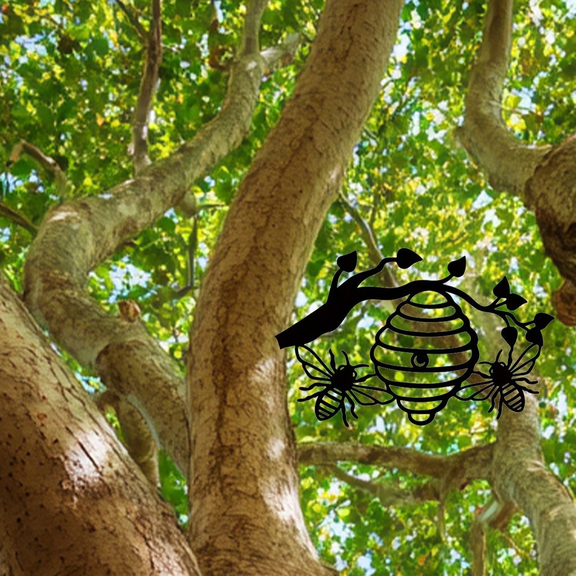 Novelty Metal Bee Hive Garden Decor - Honeycomb Wall Art with Tree Silhouette and Hanging Bees, Outdoor Yard and Lawn Decoration for Backyard, Patio, and Garden