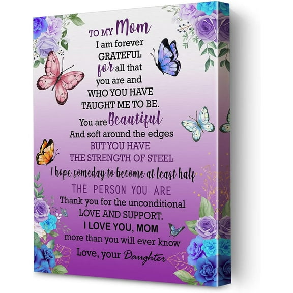 Novelty Mom Gift to My Mom I am Forever Grateful Framed Canvas Wall Art, Butterfly Mother's Day Print Paintings Poster, Perfect Wall Decor for Home Bedroom Artwork Gift 8x12 Inch
