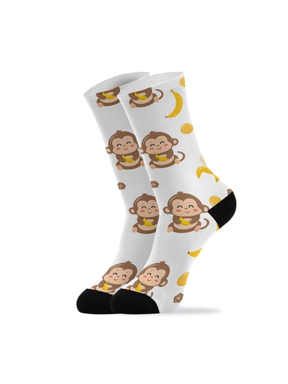 Novelty Monkey Banana Crew Socks for Women Men Soft Stretchy Breathable Unisex Casual Socks One Size Funny Crazy Gift Socks