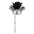 thumbnail image 1 of Black, White & Silver Feathered Costume Mask w/Stick, (1/Pkg), 1 of 2