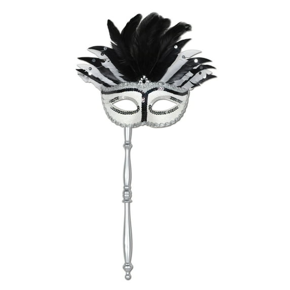 Black, White & Silver Feathered Costume Mask w/Stick, (1/Pkg)