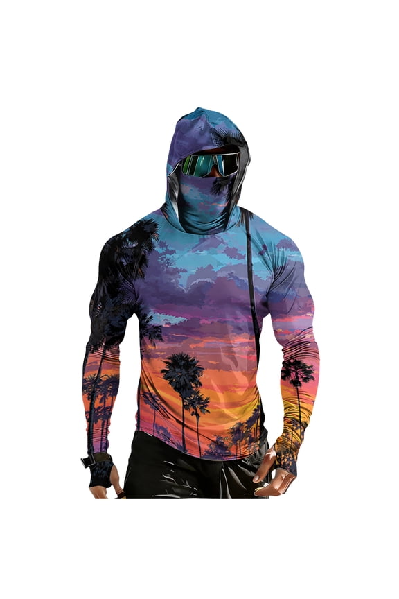Novelty Palm Tree Print Hooded Fishing Shirts for Men, UPF 50+ SPF Sun Protection Quick Dry Compression Hoodies Long Sleeve Tops with Face Mask for Outdoor Workout