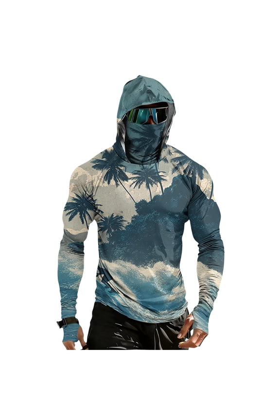 Novelty Palm Tree Print Hooded Fishing Shirts for Men, UPF 50+ SPF Sun Protection Quick Dry Compression Hoodies Long Sleeve Tops with Face Mask for Outdoor Workout
