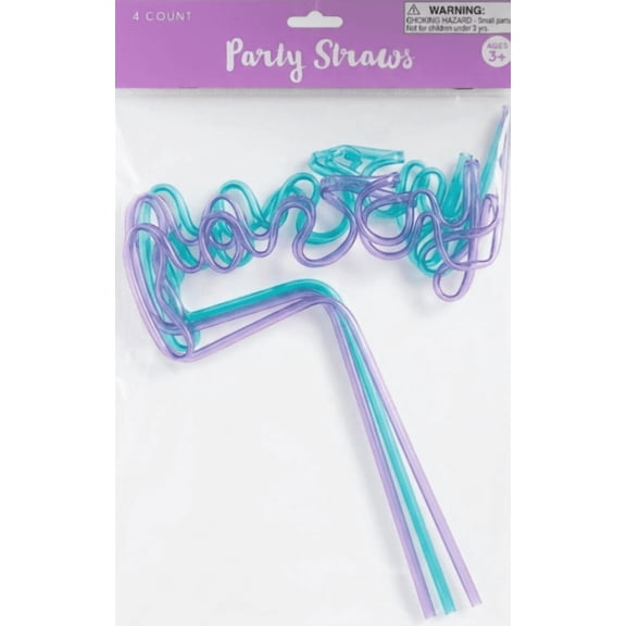 Novelty "Party" Word Curly Straws - 4-Pack Assorted Teal and Purple Reusable Straws