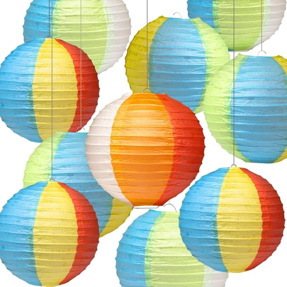Novelty Place 10 Pcs Beach Ball Paper Lanterns - 8" Rainbow Hanging Lanterns Summer Pool Party Decoration for Beach Party, Holiday, Birthday, Wedding