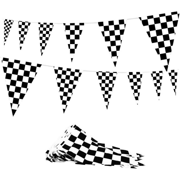 Novelty Place 100 Ft Checkered Pennant Banner - 48 Bunting Flags (12x18 In) - Sports Racing Car Themed Party Decorations