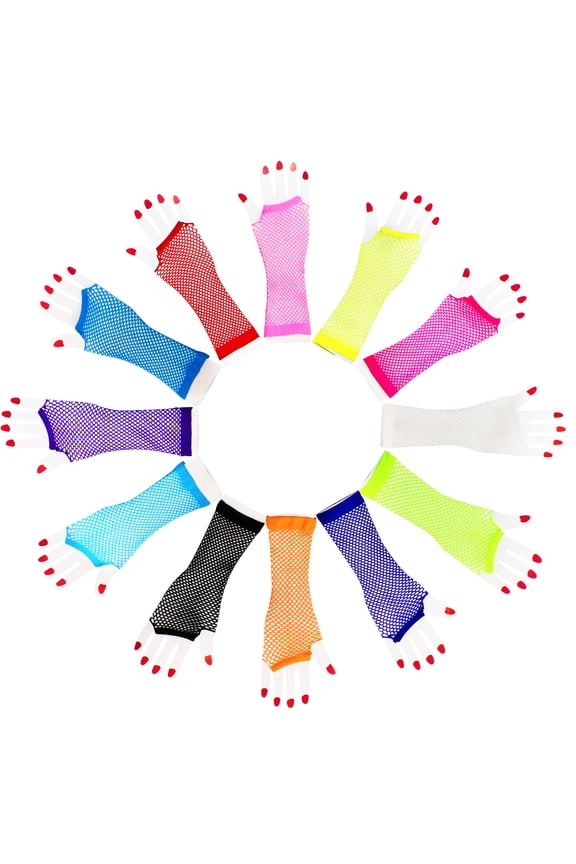 12 Pairs Fingerless Fishnet Gloves - Assorted Neon Colors Oversleeves