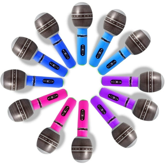Novelty Place 12Pc Inflatable Party Props for Kids - 10" Blow Up Microphone Props for 80s 90s Musical Concert Themed Party Favors