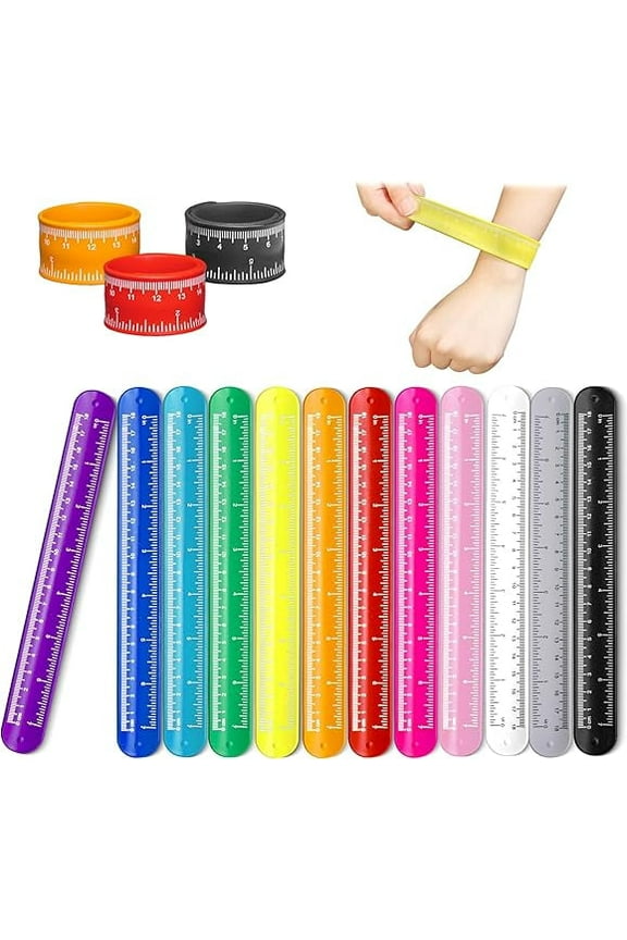 12Pcs Ruler Slap Bracelets Silicone Wristband, 12 Colors Silicone Snap Bracelets with Scale for Kids Classroom School Craft Activity Prize Gift Party Costume