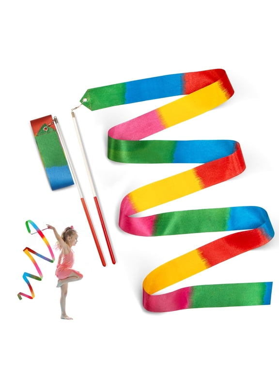 2 Pcs Rainbow Dance Ribbons Streamers, 6.7Ft Gymnastics Ribbon with Wands - Perfect Rhythm Sticks for Talent Shows, Artistic Dancing, Baton Twirling