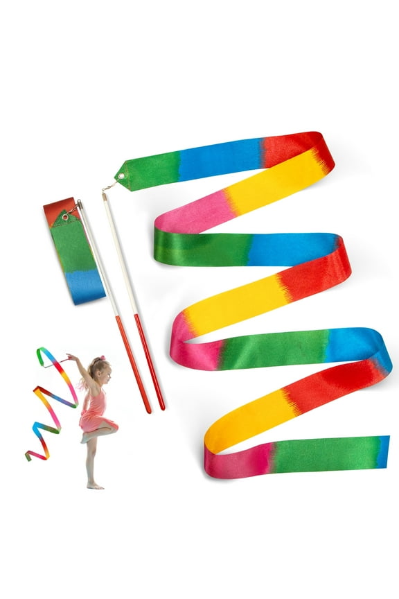 2 Pcs Rainbow Dance Ribbons Streamers, 6.7Ft Gymnastics Ribbon with Wands - Perfect Rhythm Sticks for Talent Shows, Artistic Dancing, Baton Twirling