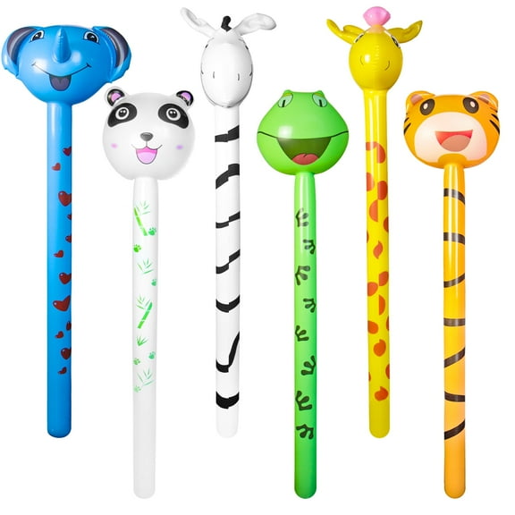 Novelty Place 6 Pcs Inflatable Animals Stick with Sound - Jungle Safari Animal Balloons Stick Blow Up Toys
