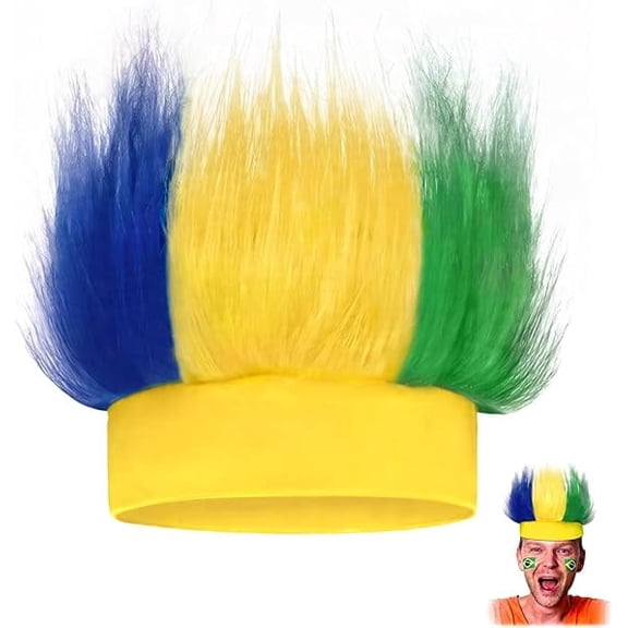 Novelty Place Hairy Headband Troll Wig Hat Brazil Flag Colors Costume Headband, Funny Sports Fan Headdress for Carnival, Football Games, Theme Parties, Cosplay & Halloween