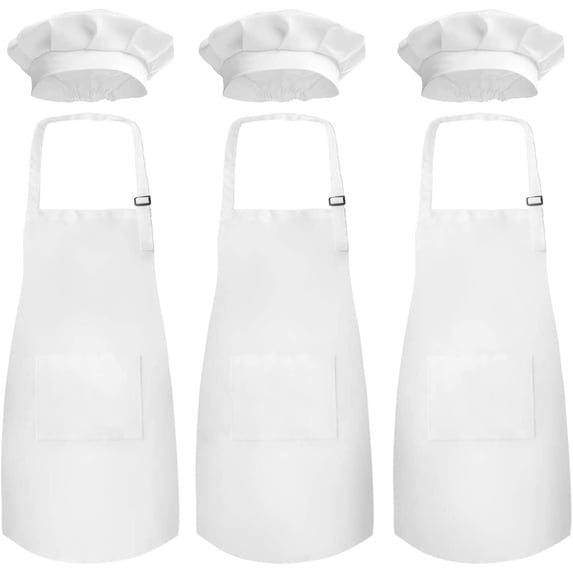 Novelty Place Kid's Apron with Chef Hat Set (3 Set) - Cooking, Baking, Painting Wear Kid's Size Polyester (White)