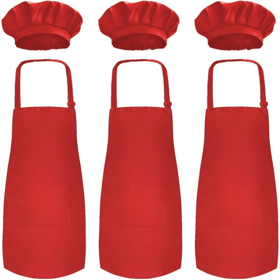 Novelty Place Kid's Apron with Chef Hat Set (3 Set) - Kid's Size (6-12 Year, Red)