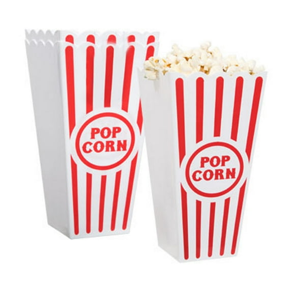Novelty Place Plastic Red White Striped Classic Popcorn Containers for Movie Night - 4" Square x 8" Deep (Pack of 8)