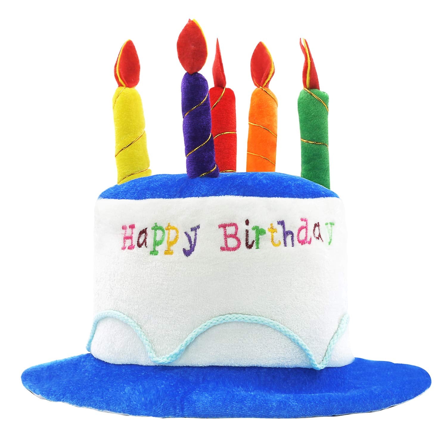 Blue Plush Happy Birthday Cake Hat with Multicolor Candles