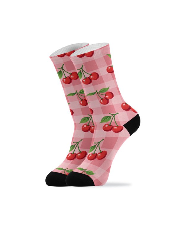 Novelty Plaid Cherry Crew Socks for Women Men Soft Stretchy Breathable Unisex Casual Socks One Size Funny Crazy Gift Socks