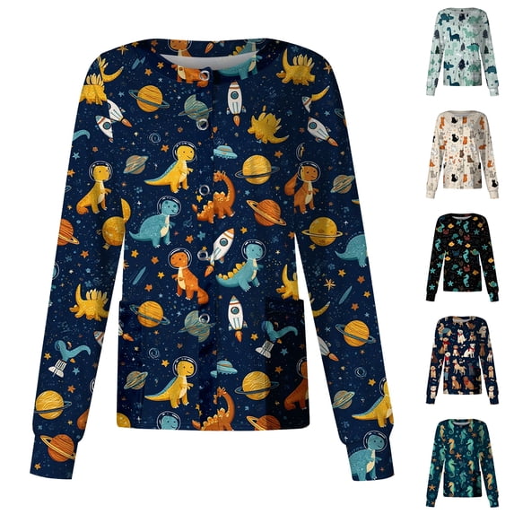 Novelty Print Scrub Top for Women, Long Sleeve Button Front Medical Jacket - Loose Fit Workwear Tunic with Pockets & Cuffed Sleeves Black L
