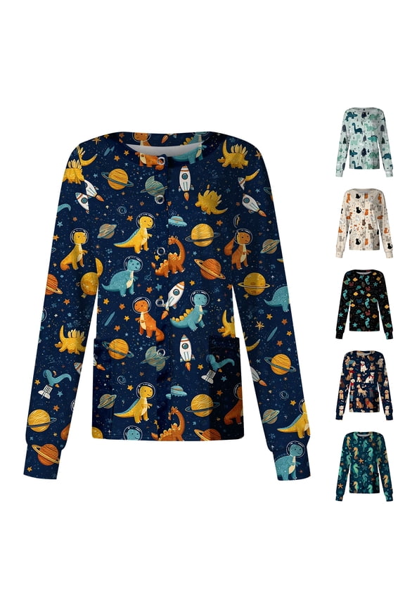 Novelty Print Scrub Top for Women, Long Sleeve Button Front Medical Jacket - Loose Fit Workwear Tunic with Pockets & Cuffed Sleeves Navy M