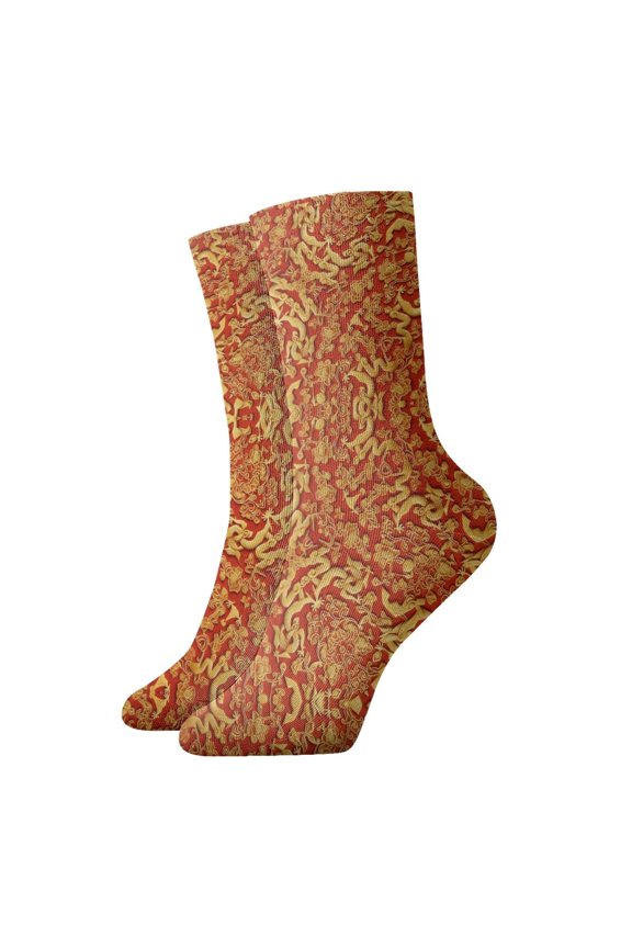 Novelty Printed Ankle Socks for Women Men Fragment Of Red Chinese Silk Quarter Socks