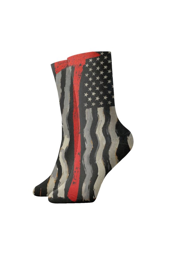 Novelty Printed Ankle Socks for Women Men Thin Red Firefighter Line Axe Flag Quarter Socks
