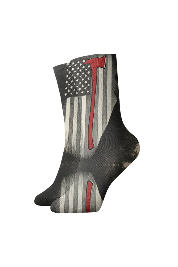 Novelty Printed Ankle Socks for Women Men Thin Red Firefighter Line Flag Art Quarter Socks