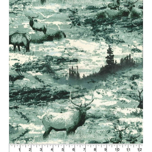 Novelty Prints Elk Scenic Forest Green 100% Cotton Fabric sold by the ...