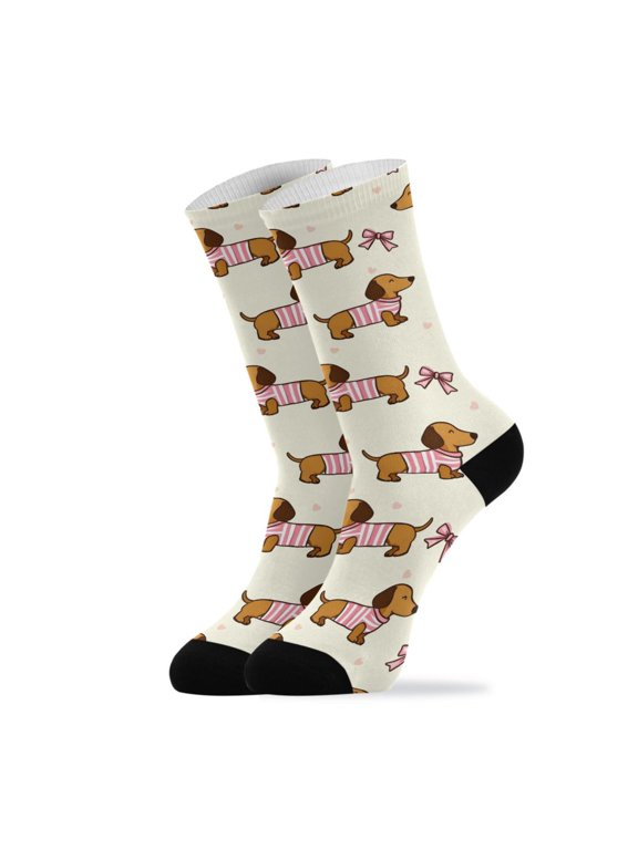 Novelty Puppy White Clothes Cherry Bow Crew Socks for Women Men Soft Stretchy Breathable Unisex Casual Socks One Size Funny Crazy Gift Socks
