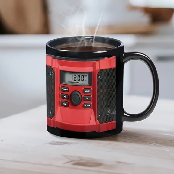 Novelty Radio Tool Print Coffee Mug, Funny Digital Clock Pattern Ceramic Tea Cup, Unique Decorative Drinking Cup for Home Office Desk and Gift Giving