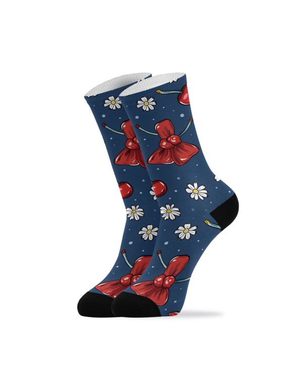 Novelty Red Cherry Bow Crew Socks for Women Men Soft Stretchy Breathable Unisex Casual Socks One Size Funny Crazy Gift Socks