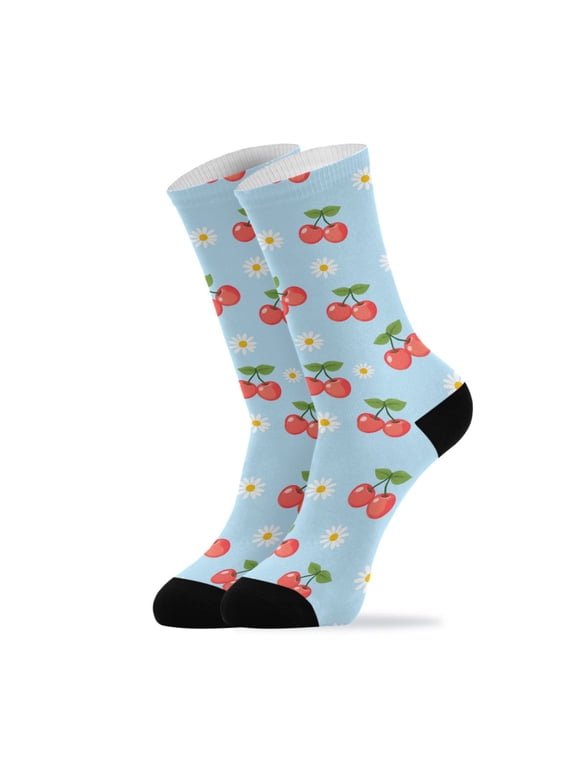 Novelty Red Cherry Daisies Crew Socks for Women Men Soft Stretchy Breathable Unisex Casual Socks One Size Funny Crazy Gift Socks
