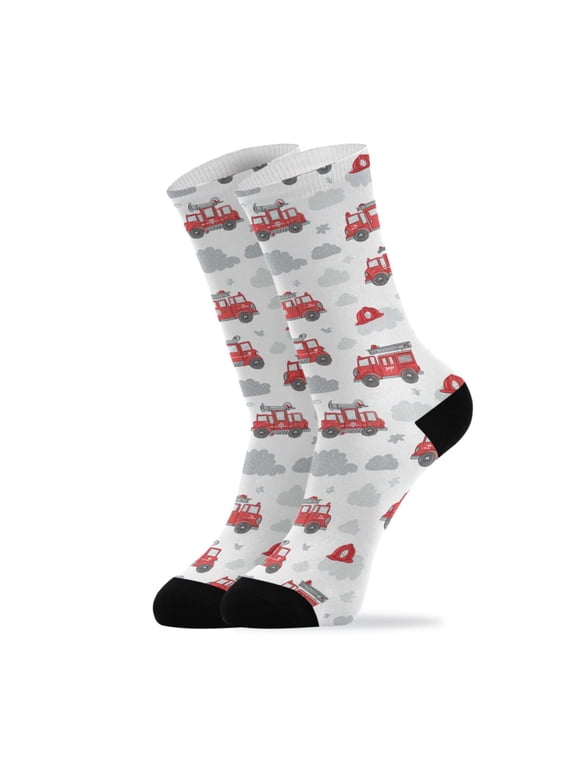 Novelty Red Fire Truck Crew Socks for Women Men Soft Stretchy Breathable Unisex Casual Socks One Size Funny Crazy Gift Socks
