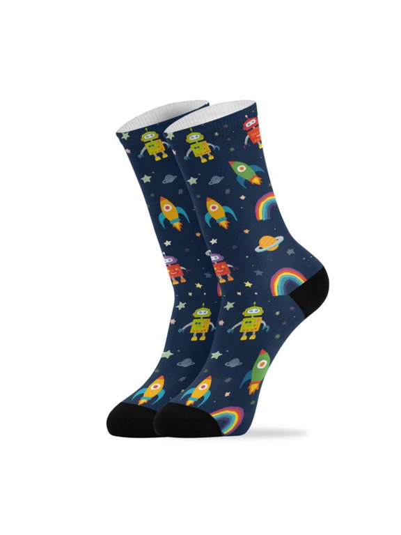 Novelty Robots Rockets Stars Planets Rainbows Crew Socks for Women Men Soft Stretchy Breathable Unisex Casual Socks One Size Funny Crazy Gift Socks