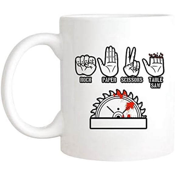 Novelty Rock Paper Scissors Table Saw Mug, Funny Woodworking Mug For Carpenters, Woodworker Mug For Lumberjack And Handyman 11 Oz