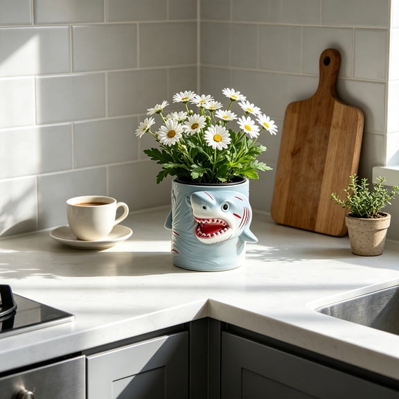 Novelty Shark Ceramic Vessel, Creative Mini Desktop Holder, Cute Creative Shark Shaped Flower Container, Stylish Decor Pot for Home Tabletop Balcony Garden Decoration(B,4*4*3.5in)
