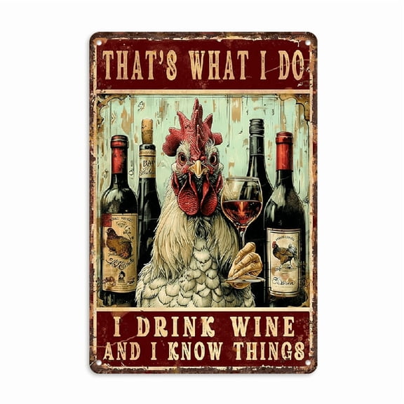 Novelty Sign, That'S What I Do I Drink Wine I Know Things Chicken Metal Tin Sign Funny Wall Decor for Living Room Home Yard Garden Kitchen Indoor 12×8 Inch Wall Decor For Bar Garage Man Cave Cafe Pub